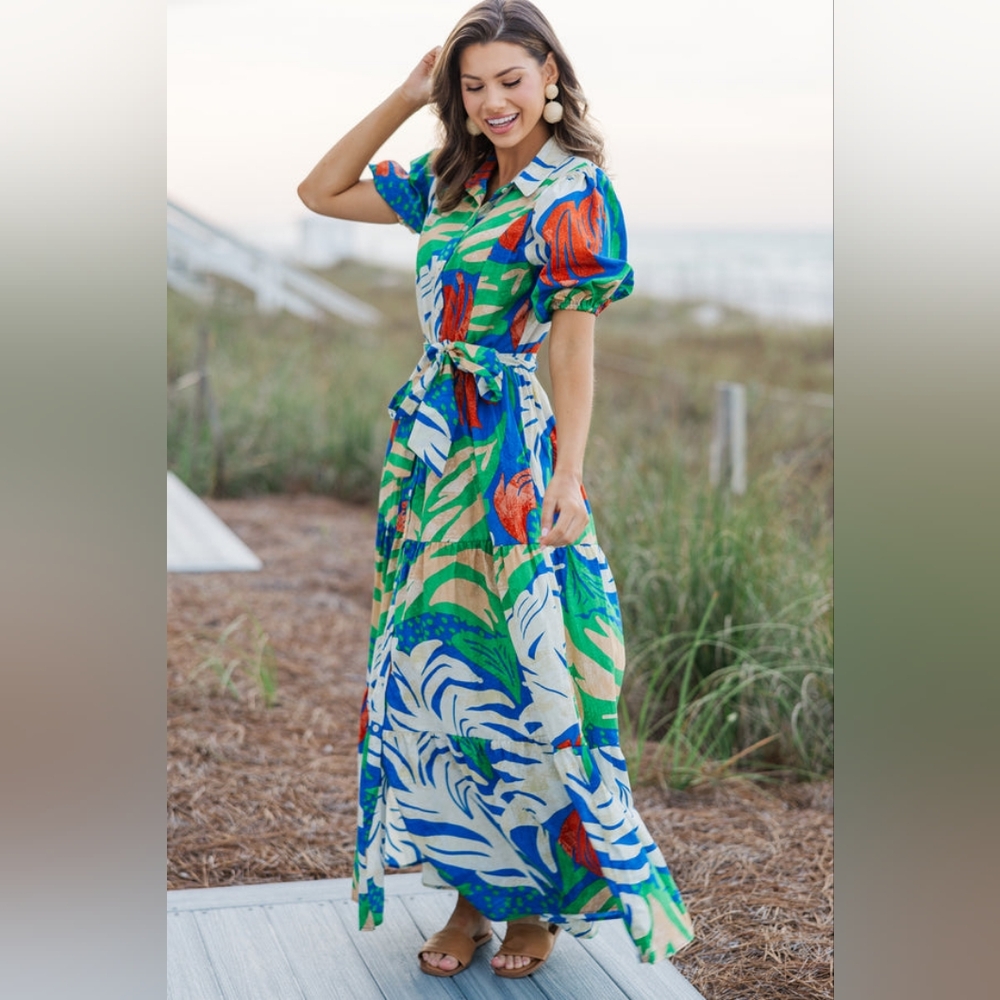 Flying Tomato Vibrant Leaf Print Maxi Dress 100% Cotton Size Large. - Picture 3 of 14